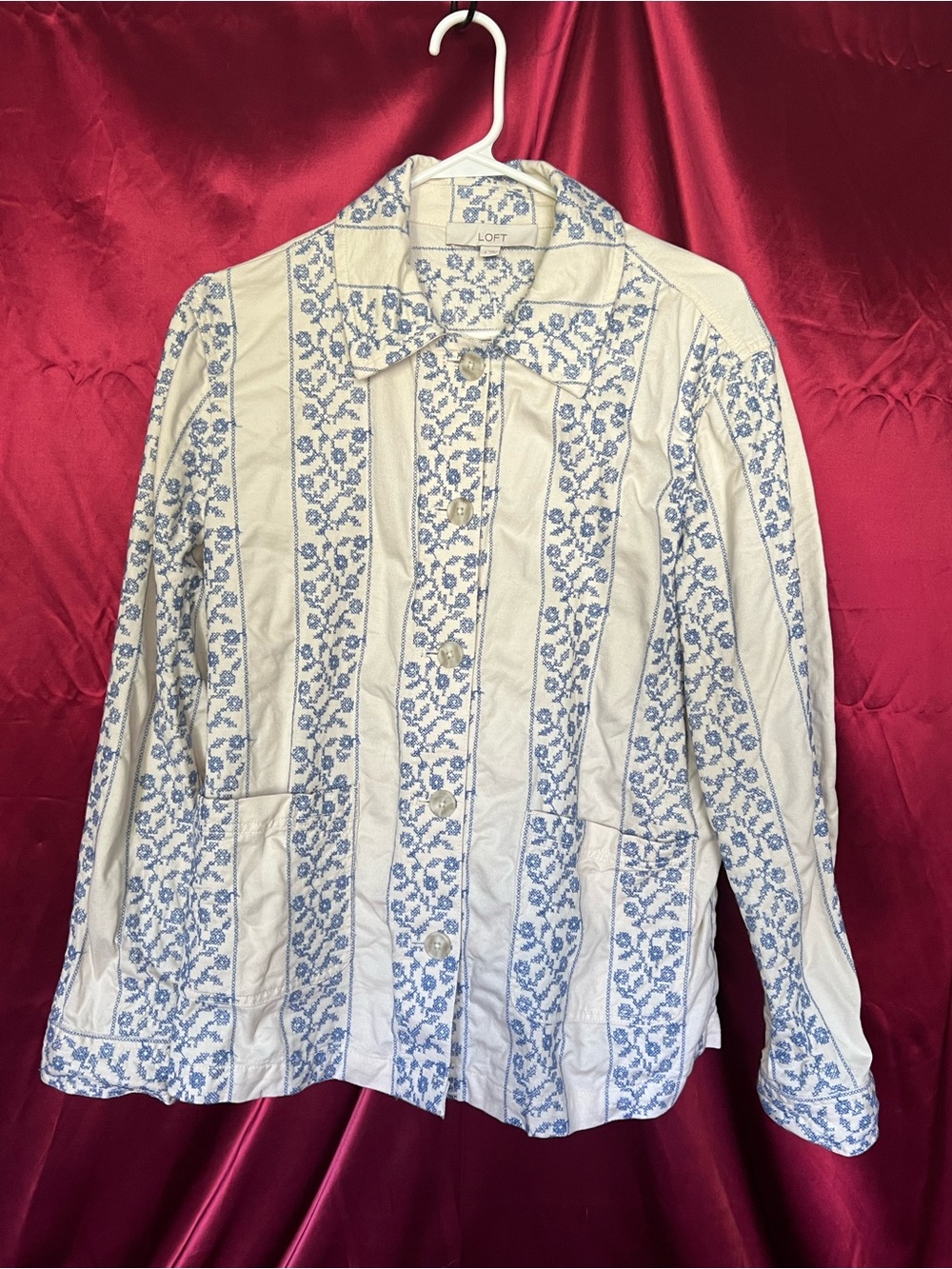 LOFT Cream Jacket with Blue Floral Stripe Embroidery